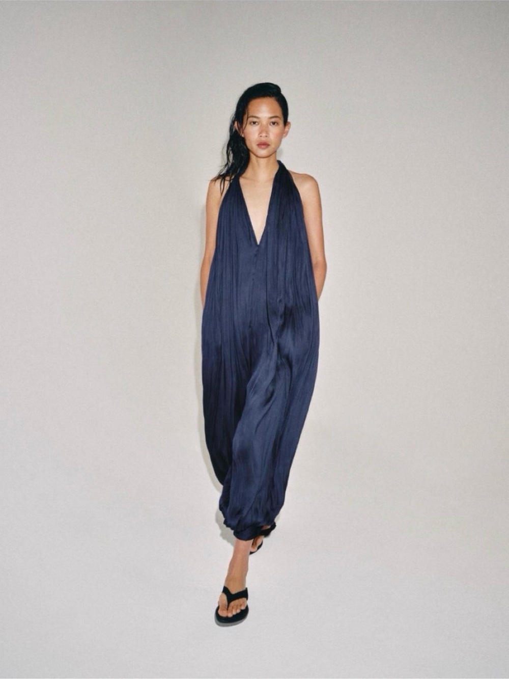 Zara Navy Plissé Halter Jumpsuit